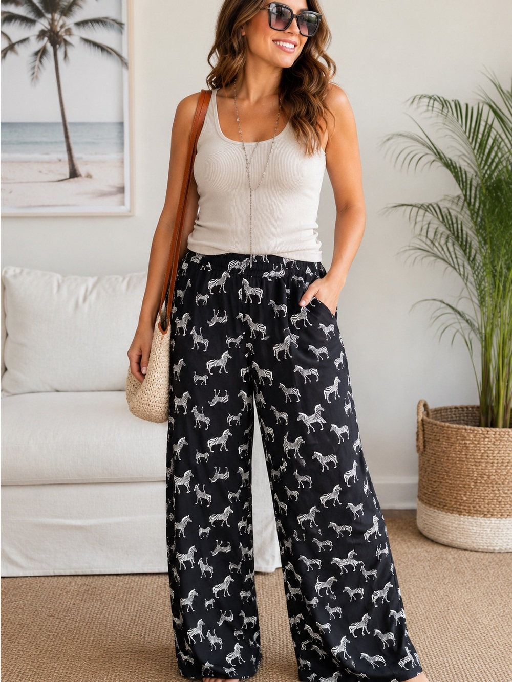 mittoshop Black Wide-Leg Pants with White Zebra Print